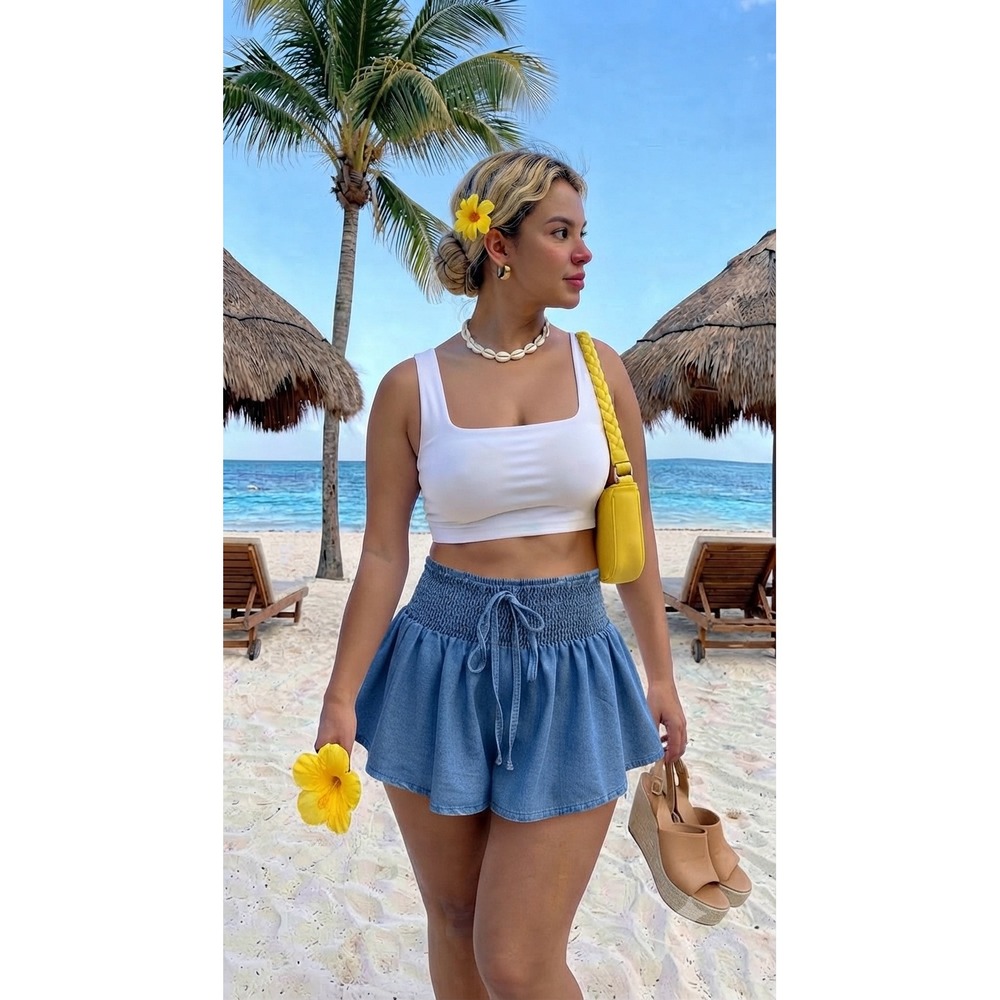 Zaful Womens Blue Smocked High Waist Flowy Denim Look Shorts Size L NWT